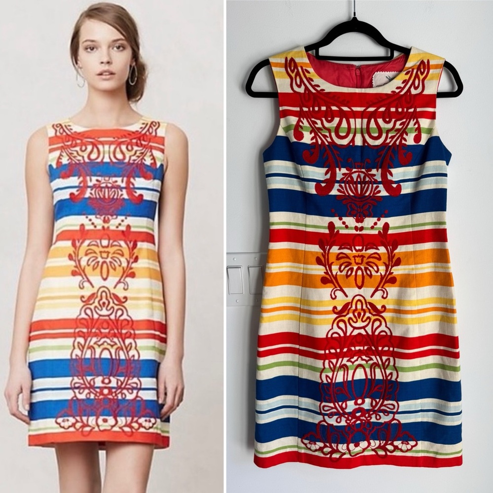 Anthropologie Tabitha Sheath Dress bright multi color stripes embroidered Sz 4